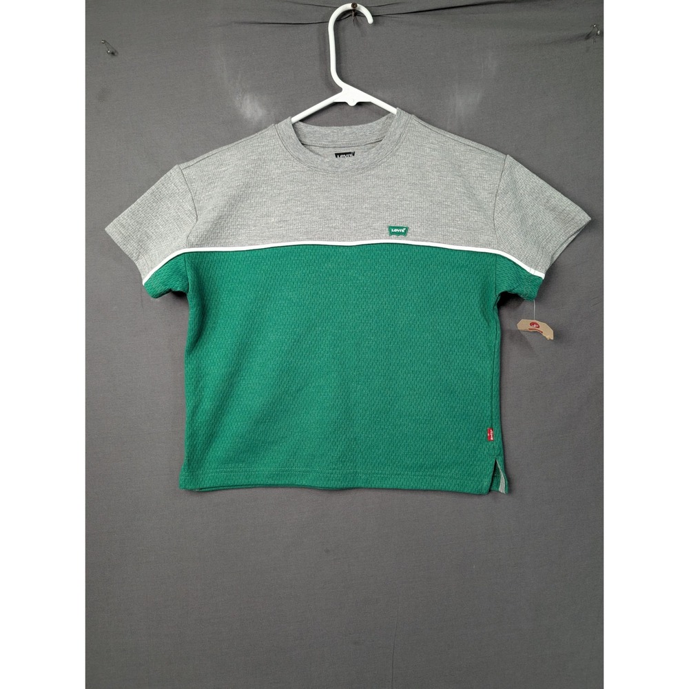 Levis Boys XS (7) Colorblock Waffle Knit T-Shirt Green Gray Logo Patch Short Slv